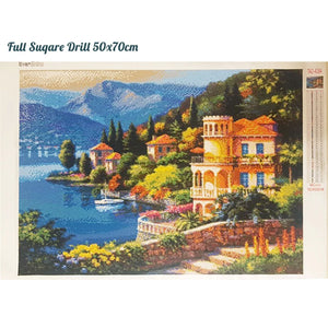 5D Diamond Painting Town Cross Stitch Mosaic House Diamond Embroidery Seaside Landscape Full Square Round Home Decor