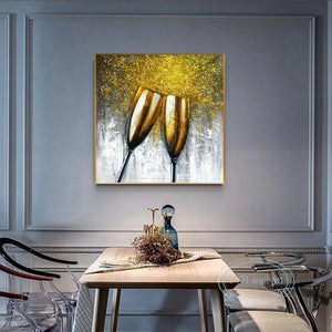 Handmade Wine Glass Restaurant Oil Painting Single Light Luxury Kitchen Mural Living Room Decoration Art Gold Foil Canvas Poster