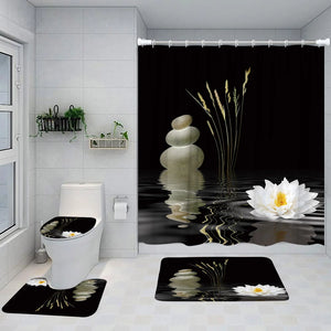 Zen Green Bamboo Shower Curtain Set Pink Lotus Orchid Grey Stone Spa Scenery Bathroom Decor Non-Slip Rug Bath Mats Toilet Cover