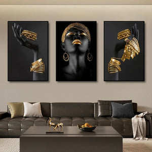 3 pezzi di donne nere africane con gioielli in oro poster da parete perfetti per soggiorno stampe su tela per immagini di decorazioni per la casa
