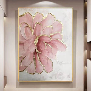 Beautiful Pink Flowers Gold Foil Pictures Wall Art Poster Handmade Abstract Oil Painting On Canvas For Wedding Decoration Room