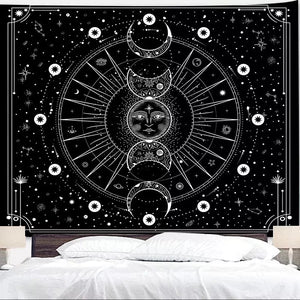 Tapiz colgante de pared con fase de Mandala, Luna, sol, blanco y negro, tapices negros de luz de luna, decoración de pared de habitación Bohemia, decoración del hogar