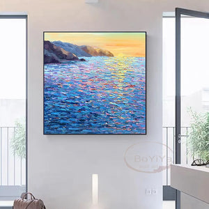 Blue Sea Sunset   Handmade Oil Painting  Abstract  Painting Home  Decoration  For  Bedroom Restaurant Living Room Mural Painting