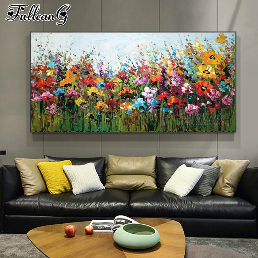FULLCANG Abstrakte Blumen-Öl-Stil-Mosaik-Gemälde, großes Format, voll quadratisch, rund, Diamant-Stickerei, Verkauf, Wanddekoration, FG0746