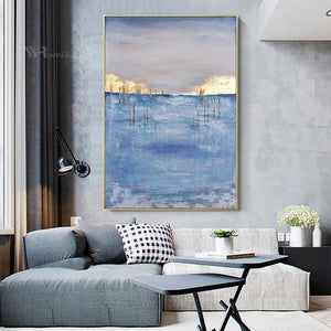 Canvas Painting Wall Art Abstract Gold Decor Picture Handmade Oil Painting Blue Hang Poster Artwork For Living Room Hotel Porch