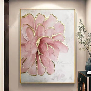 Beautiful Pink Flowers Gold Foil Pictures Wall Art Poster Handmade Abstract Oil Painting On Canvas For Wedding Decoration Room