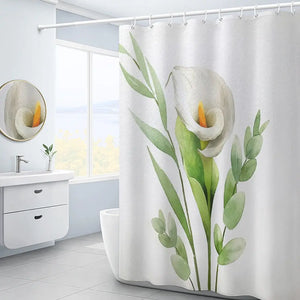 Cortina de ducha blanca con flor de hortensia púrpura, paisaje 3D, planta verde, cortinas de baño de poliéster impermeables, decoración de pantalla de baño