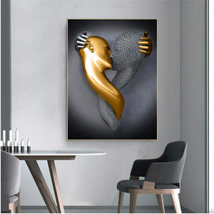 Figura de corazón de amor negro y dorado, pintura en lienzo, carteles artísticos modernos e impresiones, imágenes de pared para decoración del hogar y sala de estar