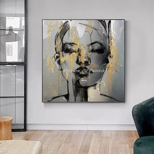 Mintura Handmade Texture Gold Women Face Oil Paintings on Canva Modern Abstract Wall Art,Picture for Living Room,Home Decoration