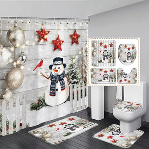Cute Snowman Christmas Shower Curtain Set Silver Pine Branches Snowflake Xmas Balls Bathroom Decor Rug Bath Mat Toilet Lid Cover