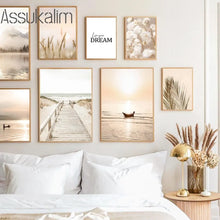 Laden Sie das Bild in den Galerie-Viewer, Beige Landschaft Wand Poster Brücke Kunstdrucke Heu Reed Blumen Leinwand Malerei Nordic Wand Bilder Wohnzimmer Dekoration