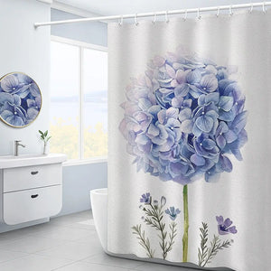 Cortina de ducha blanca con flor de hortensia púrpura, paisaje 3D, planta verde, cortinas de baño de poliéster impermeables, decoración de pantalla de baño