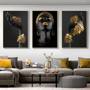 3 шт., африканские черные женщины с золотыми украшениями, настенные художественные постеры, идеальные принты для гостиной, холст для дома, настенный художественный декор, фотографии