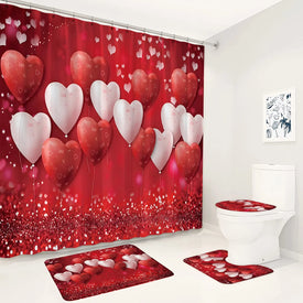 Valentine's Day Shower Curtain Set Pink Red Heart Balloon Romantic Lovers Girl Bathroom Decor Non-Slip Rug Bath Mat Toilet Cover