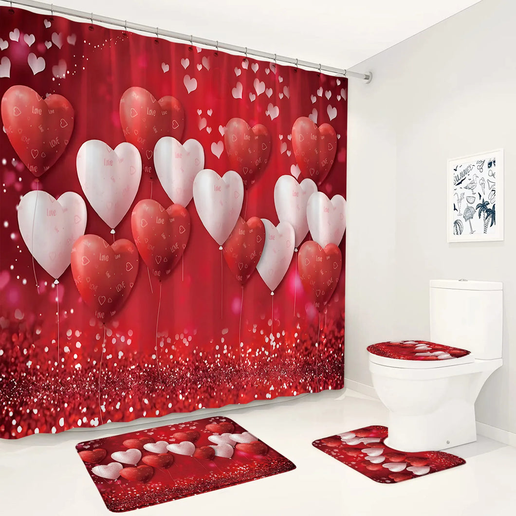 Valentinstag Duschvorhang Set Rosa Rot Herz Ballon Romantische Liebhaber Mädchen Badezimmer Dekor Rutschfester Teppich Badematte Toilettenbezug