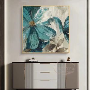 Nordic Modern Abstract Large Blue Flowers Pure Handmade Oil Painting For Home Decoration  Bedroom  Dining Room Living Room Mural