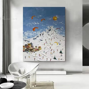 High Quality Nordic Abstract Painting Ski Scenes Handmade Oil Painting  For Home Decoration Bedroom Restaurant Living Room Mural