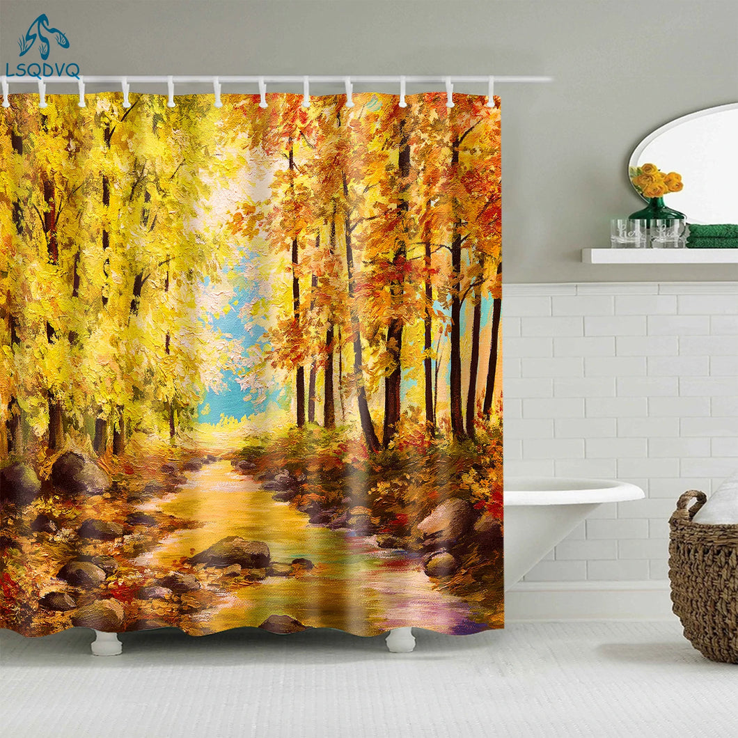 Cortinas de ducha de bosque escénico con árboles y plantas coloridas, cortina de baño Frabic impermeable, cortina de baño de poliéster con ganchos