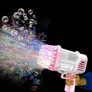 Máquina automática de burbujas de 36 agujeros con luz colorida, pistola de burbujas de Ángel-Bazooka, pistola de burbujas Gatling de viento fuerte para fiesta de cumpleaños
