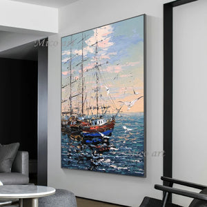 Paisaje costero abstracto, pintura al óleo gruesa con textura pesada, barco de vela, arte de barco, pintado a mano, paisaje marino sin marco, arte en lienzo para pared