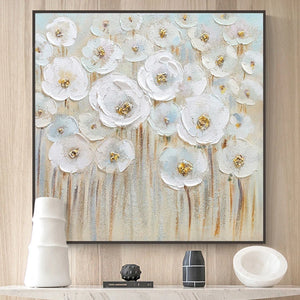 Pure Handmade Canvas Oil Painting Texture White Flowers 3D Wall Picture For Interior Decor Art Poster For Living Room Bedroom