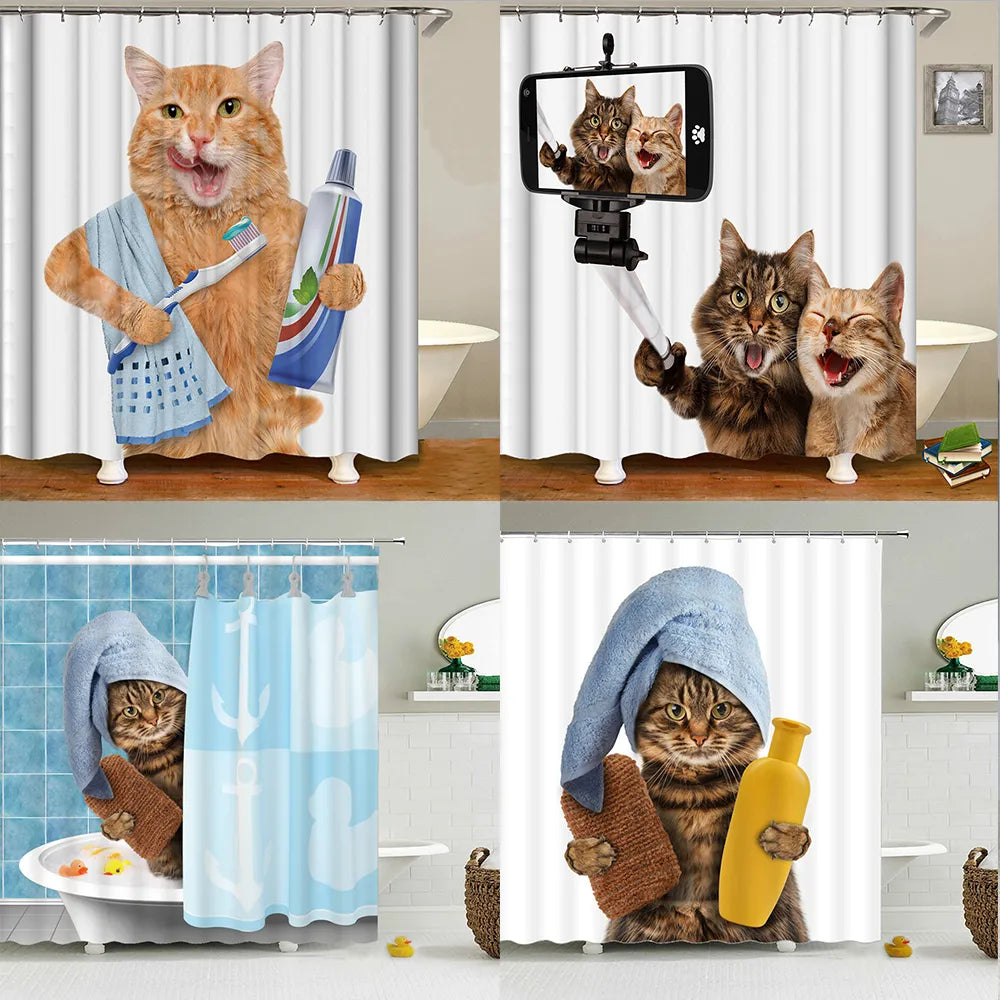 Cortina de ducha de animales y gatos, impermeable, de poliéster con ganchos para bañera, mamparas de baño, decoración del hogar, cortinas de baño de gran tamaño