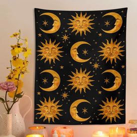 Sun Moon Arazzo Appeso a Parete Tarocchi Mandala Nero Astrologia Divinazione Copriletto Tappetino da spiaggia Hippie Tappeti da parete Dormitorio Decor Coperta