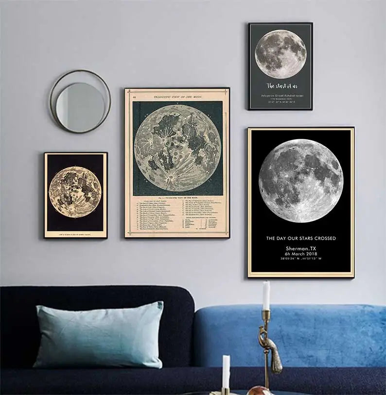 Póster Artístico impreso de pared de reproducción de mapa de luna llena Vintage, carta de astronomía Lunar, pintura en lienzo, Arte de la pared Decoración del hogar
