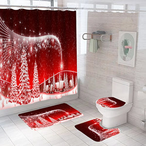 Christmas Tree Bathroom Set Shower Curtain Set Waterproof Santa Claus Anti-skid Rugs Toilet Cover Bath Curtains Set with Hooks