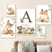 Load image into Gallery viewer, Woodland Nursery Prints Forest Animal Deer Rabbit Bear Fox Custom Wall Art Canvas Painting Poster Wall Pictures Kids Room Decor