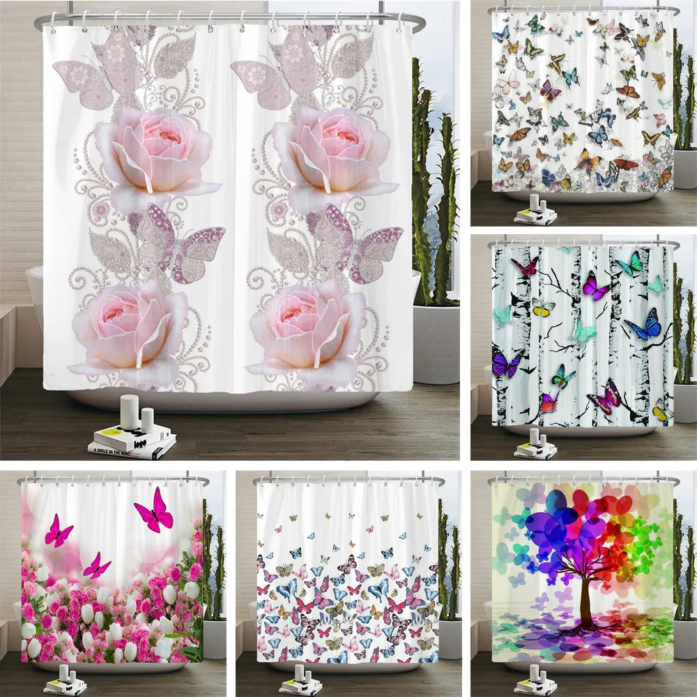 Schöner Schmetterlings-Blumen-Duschvorhang, Badezimmer-Bildschirmdekoration, große 240 x 180 Duschvorhänge, wasserdichter, waschbarer Stoff