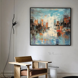 Abstract City Streetscape Wall Art Oil Painting Handmade Canvas Poster Modern Home Decor Picture for Parlor Bedroom Restaurant