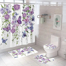 Carica l&#39;immagine nel visualizzatore della Galleria, Purple Flower Butterfly Printed Waterproof Bathroom Shower Curtain Set Non-Slip Bath Mat Rug Sets Toilet Cover Bathroom Decor