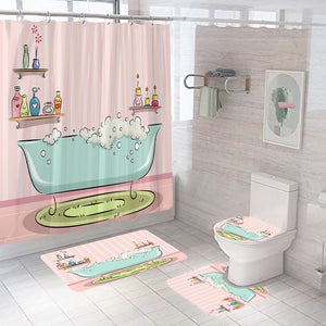 Pink Striped Girl Print 3D Shower Curtain Romantic Polyester Bathroom Curtain Anti-slip Bath Mat Set Toilet Rugs Carpet Decor