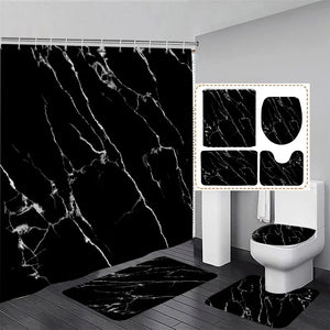 Conjunto de cortina de ducha de mármol blanco y negro, patrón texturizado de arte abstracto, decoración moderna para el baño, alfombra antideslizante, tapa del inodoro