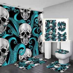 Funny Skull Skeleton Print Shower Curtain Set Halloween Festival Home Decor Bath Mat Toilet Lid Cover Flannel Bathroom Carpet