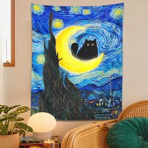 Tapiz de gato de la noche estrellada de Van Gogh, arte de Luna y gato, manta con estampado de gato divertido, regalo bohemio, decoración para el hogar, colgante de pared
