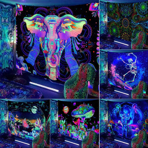 Tapisserie murale fluorescente réactive aux UV, éléphant de Mandala, Hippie, crâne psychédélique, ciel étoilé, tissu suspendu, décoration de chambre de maison bohème