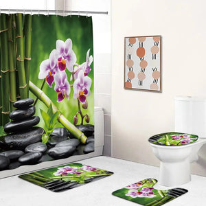 Grüner Bambus-Zen-Duschvorhang, Badematten-Set, lila Orchidee, schwarzer Massagestein, Kerze, Spa-Landschaft, Badezimmer-Dekor, Toilettendeckelmatte