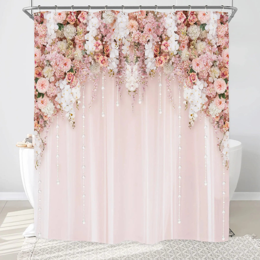 Bridal Floral Shower Curtain Wedding Flower Pink Rose Blossom Bathroom Decor Women Girls Spring Nature Waterproof Bath Curtains