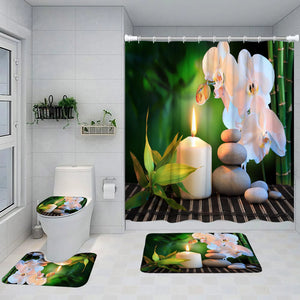 Juego de cortinas de ducha Zen, orquídea púrpura, piedra negra, bambú verde, paisaje de jardín, decoración de baño, alfombra antideslizante, alfombrillas de baño, cubierta de inodoro