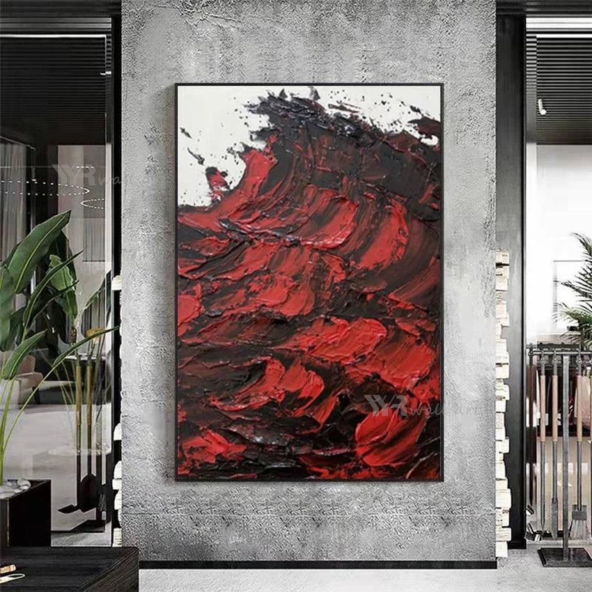 Handmade Canvas Oil Painting Abstract 3D Red Ocean Waves Wall Decor Art Picture Modern Living Room Bedroom Hotel Hanging Poster