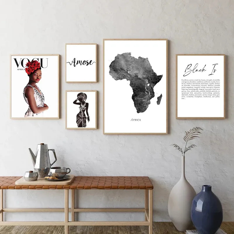 Africa Map Posters and Prints Watercolor Map Travel Wall Art Canvas Painting Grey Black White Picture for Living Room Home Decor