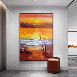 Oil Painting Handmade On Canvas Abstract Nature Scenery Sea Sunrise Wall Decoration Poster Art Picture Living Room Hotel Mural