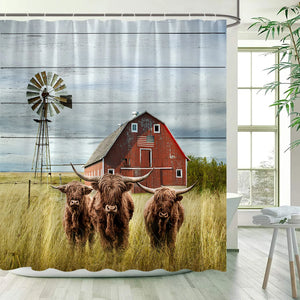 Highland Cattle Shower Curtains Wooden Fence Rustic Farm Brown Cow Bath Curtain Set Polyester Fabric Bathroom Decor with Hooks