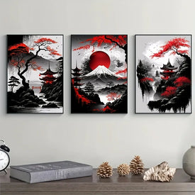 Toile de peinture de paysage naturel japonais sans cadre, affiches noires et rouges, imprimés muraux d'art à l'encre Vintage pour salon et maison, 3 pièces
