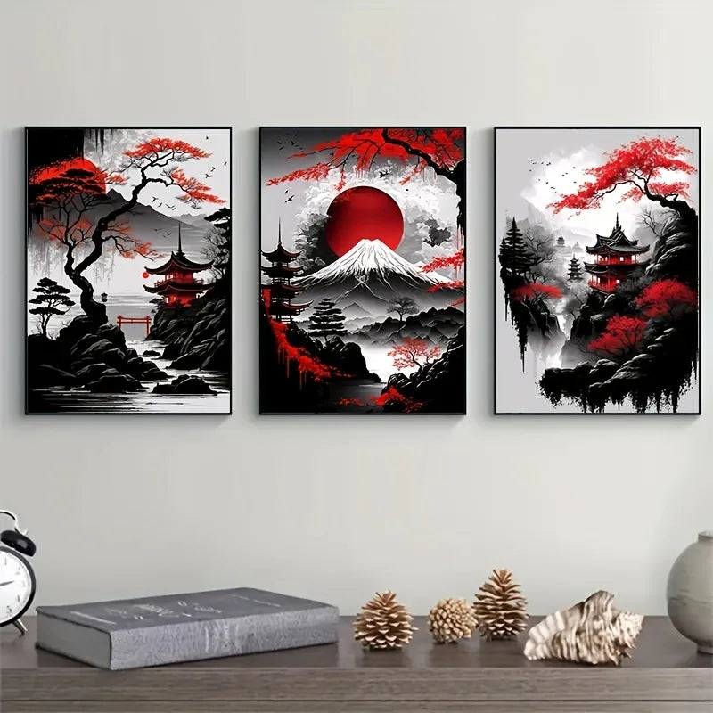Pintura en lienzo de paisaje Natural japonés sin marco, carteles negros y rojos, impresiones artísticas de tinta Vintage para pared para sala de estar y hogar, 3 uds.