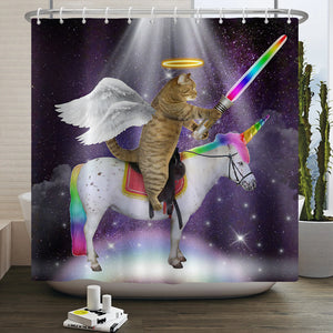 Cortina de ducha divertida Hero Great White Unicorn con Gun Cat para decoración de baño, cortinas de baño con estampado 3D impermeables con ganchos