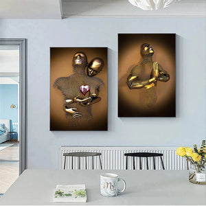 Figura de Metal dorado abstracto, pintura de estatua de amante romántico, póster de escultura, impresión en lienzo, arte de pared de salón, decoración del hogar, 1 Uds.