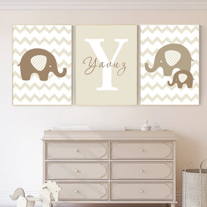 Custom Name Initial Letter Canvas Painting Elephant Animals Baby Nursery Wall Art Poster Pictures Kids Room Bedroom Home Decor